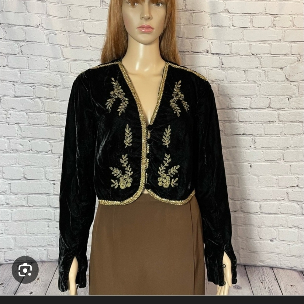 Free People Black and Gold Embroidered Velvet Jacket - Picture 5 of 15